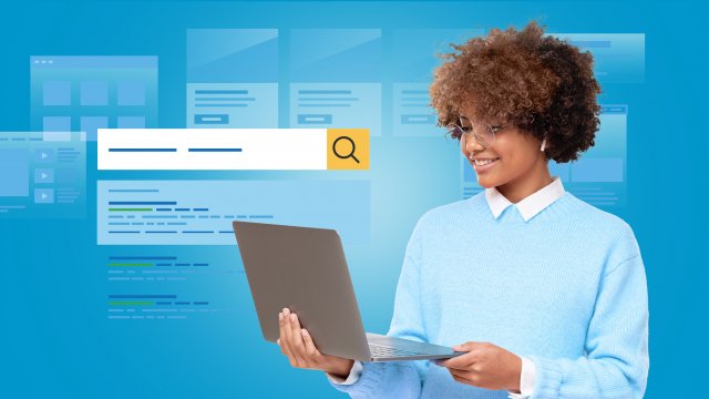Woman holding laptop with graphics of computer screens in background