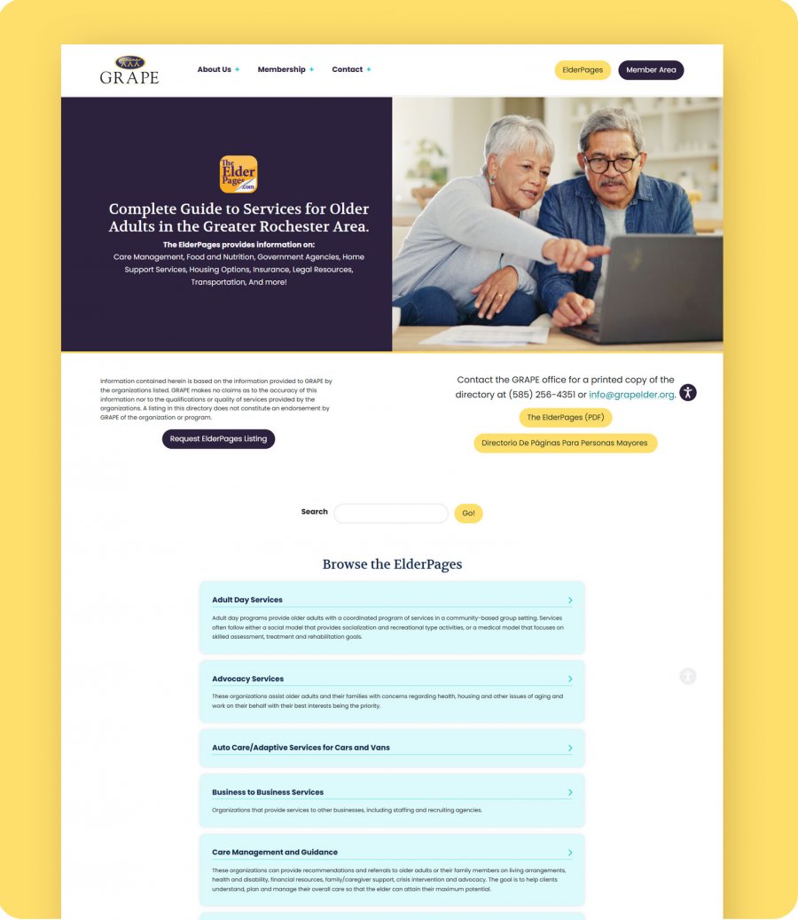 Screen Capture of Eldercare Directory Section of website