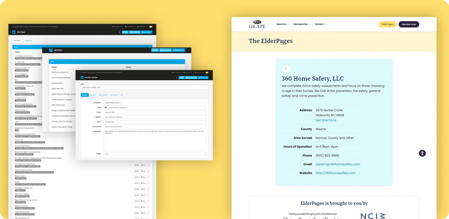 Various screen captures of website and content management system
