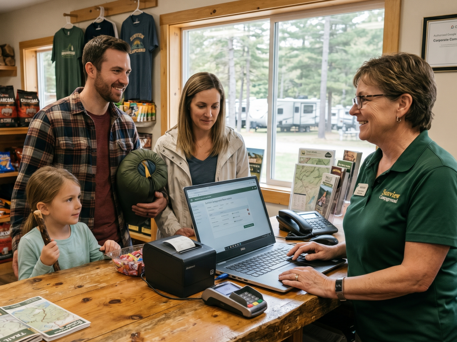 Campground Owner Checking In Visitors Standing At the Counter