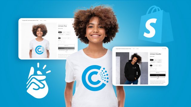 Image of a person wearing the Corporate Communication logo on t-shirt; two tablets show the Shopify storefront mockup for a company with the Shopify logo at the top right