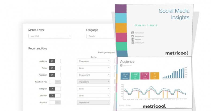 Desktop screenshots of Metricool interface